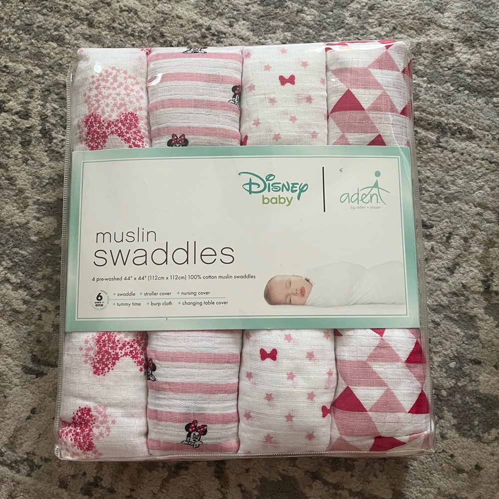 NEW Aden & Anais Disney Baby Minnie Mouse 4 Muslin Swaddle Blankets HTF